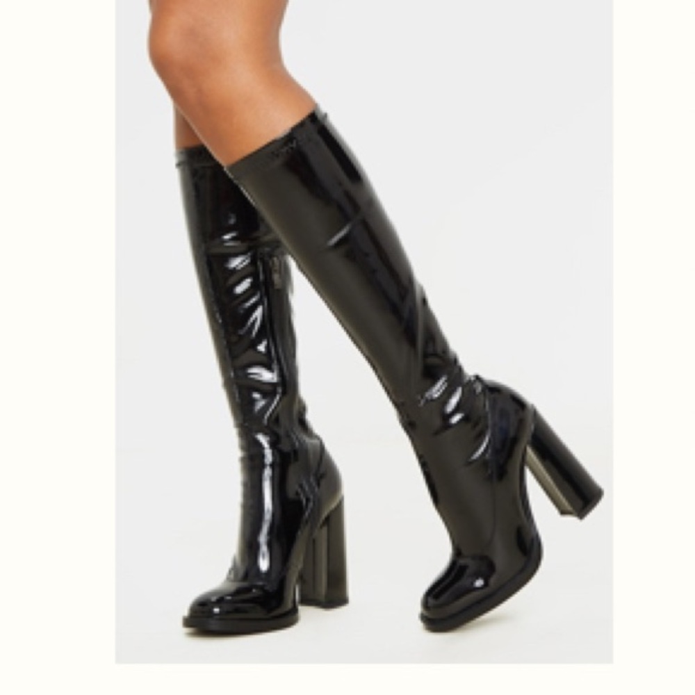 PrettyLittleThing Black Patent Heeled Boots - Picture 1 of 5